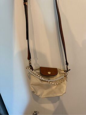 Mini longchamp - Beige and Brown Crossbody Bag with Pearl Chain Accent